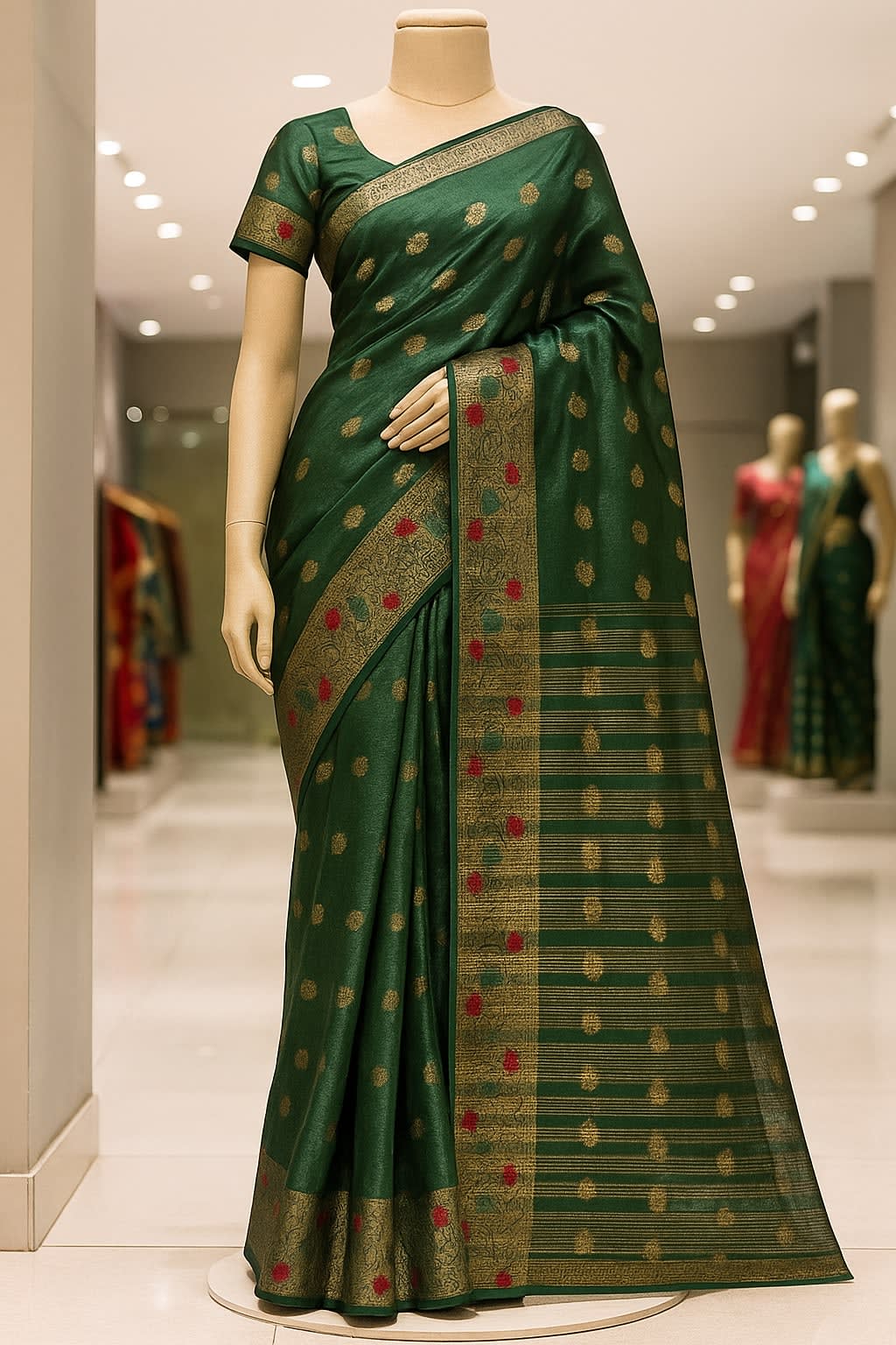 Radiant Green Organza Silk Saree with Golden Zari Motifs - View 5