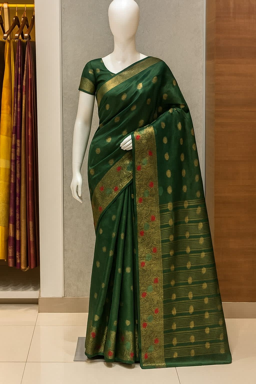 Radiant Green Organza Silk Saree with Golden Zari Motifs - View 6