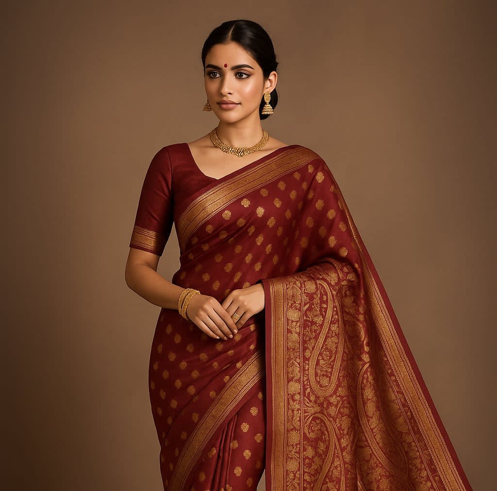 Emerald Maroon Kanjeevaram Silk Saree with Intricate Golden Zari Work - View 2