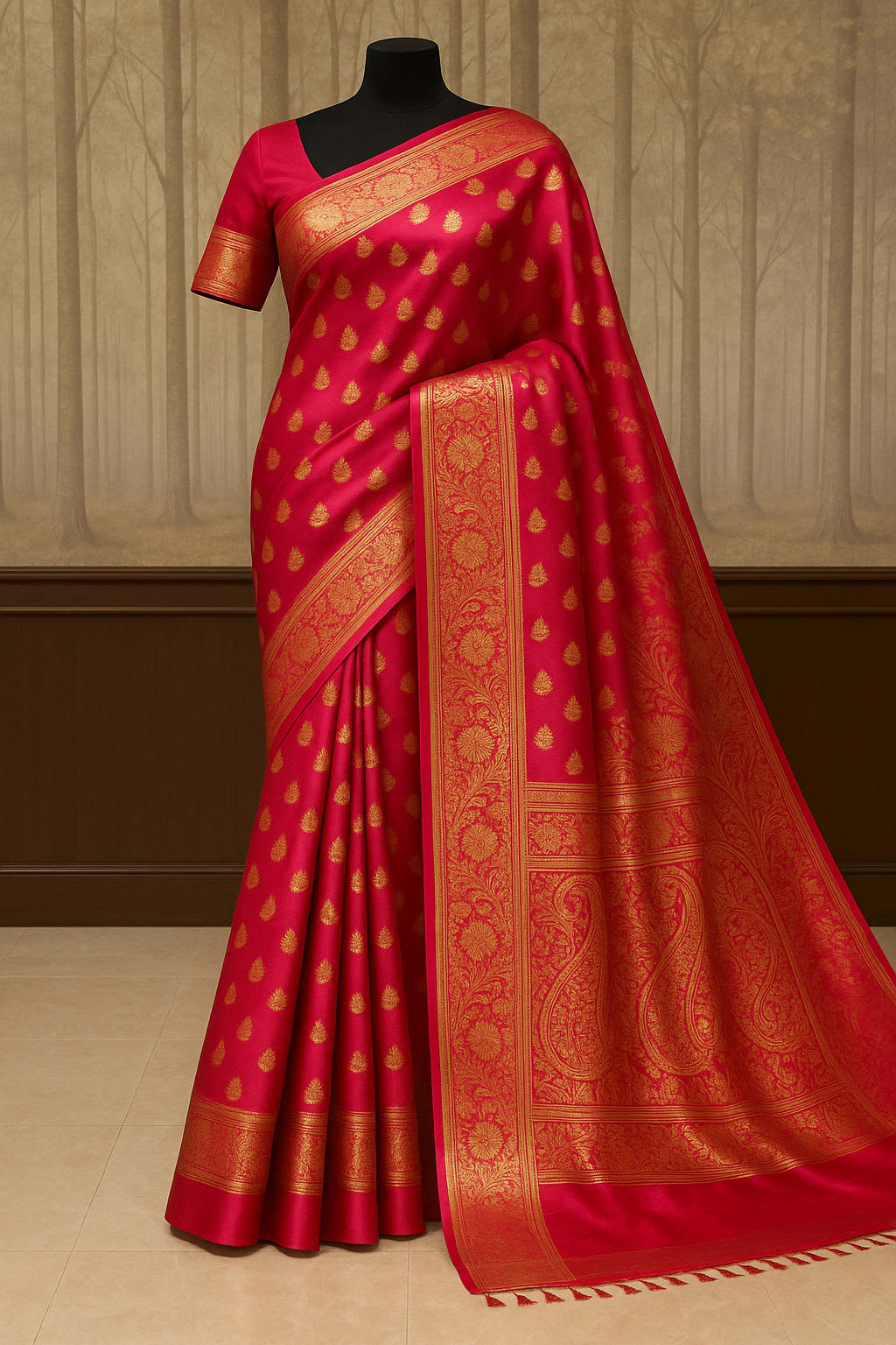 Exquisite Emerald Red Kanjeevaram Silk Saree with Golden Zari Work and Matching Blouse