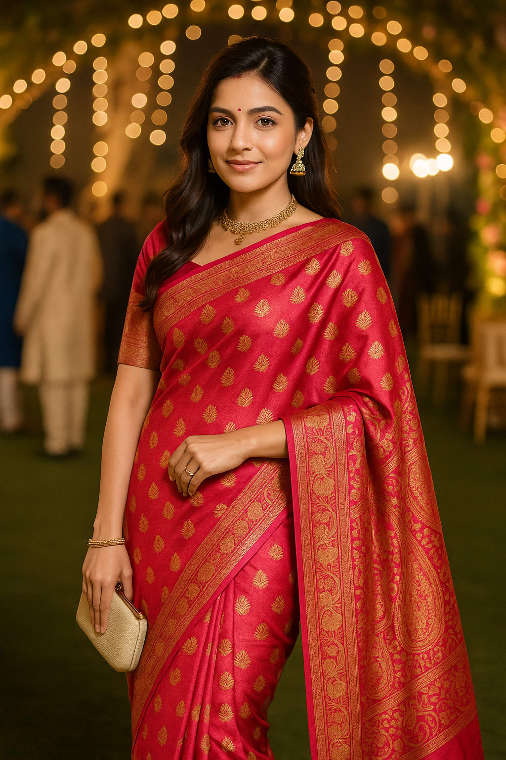 Exquisite Emerald Red Kanjeevaram Silk Saree with Golden Zari Work and Matching Blouse - View 5