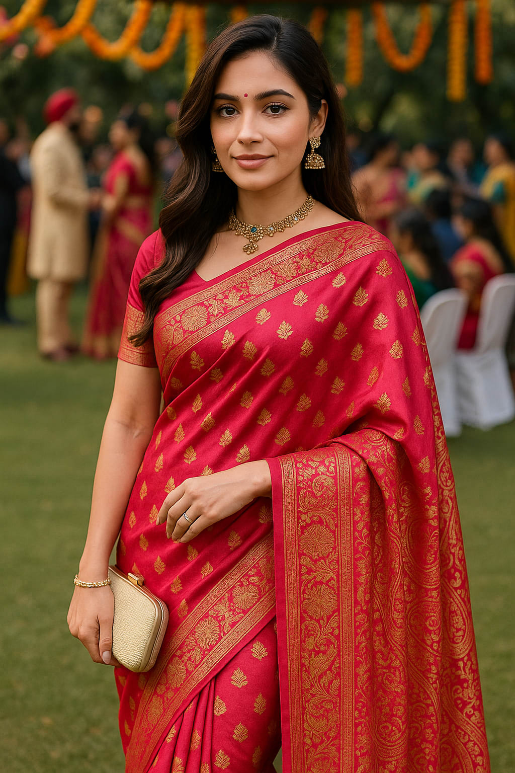 Exquisite Emerald Red Kanjeevaram Silk Saree with Golden Zari Work and Matching Blouse - View 7