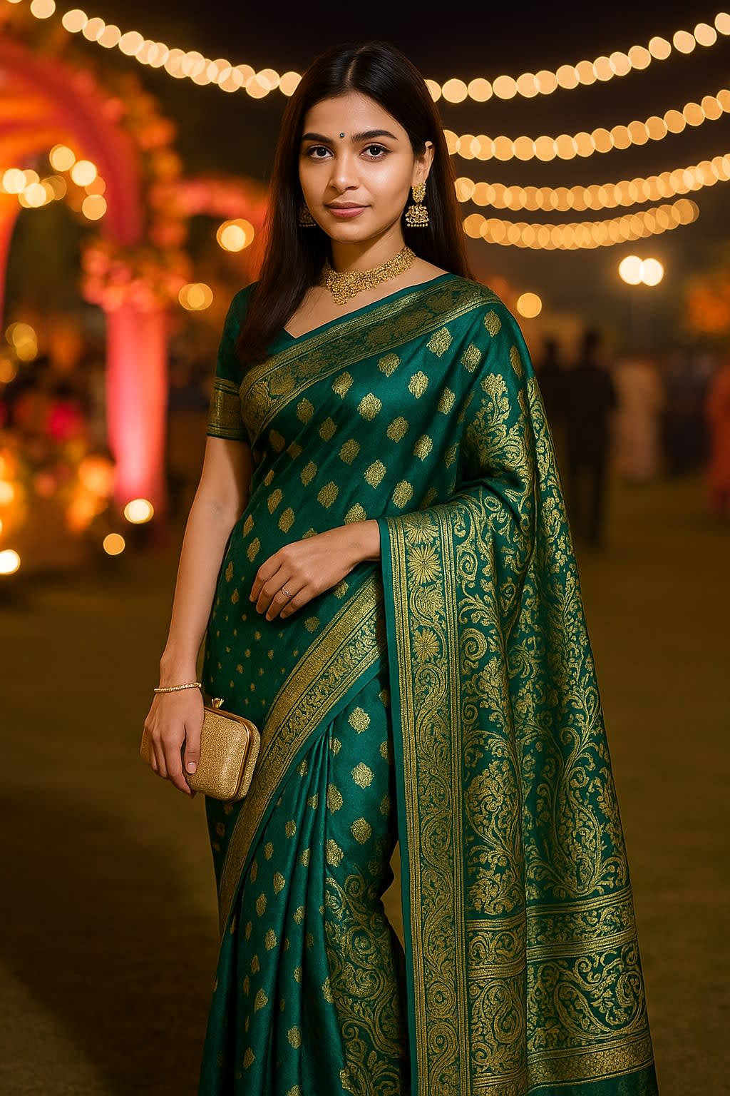 Emerald Green Kanjeevaram Silk Saree with Intricate Golden Zari Work - View 3