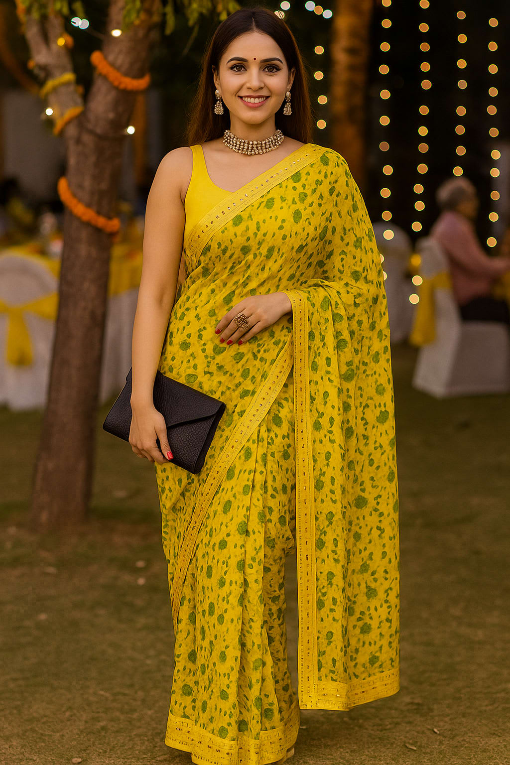 Vibrant Sunny Yellow Floral Saree with Mirror Work Border and Sleeveless Blouse