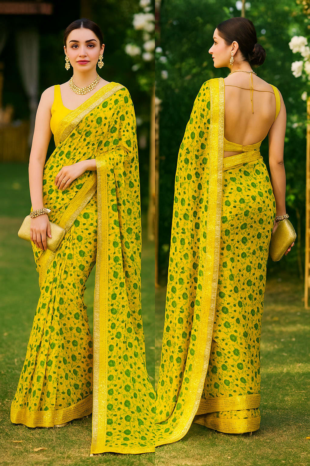 Vibrant Sunny Yellow Floral Saree with Mirror Work Border and Sleeveless Blouse - View 3