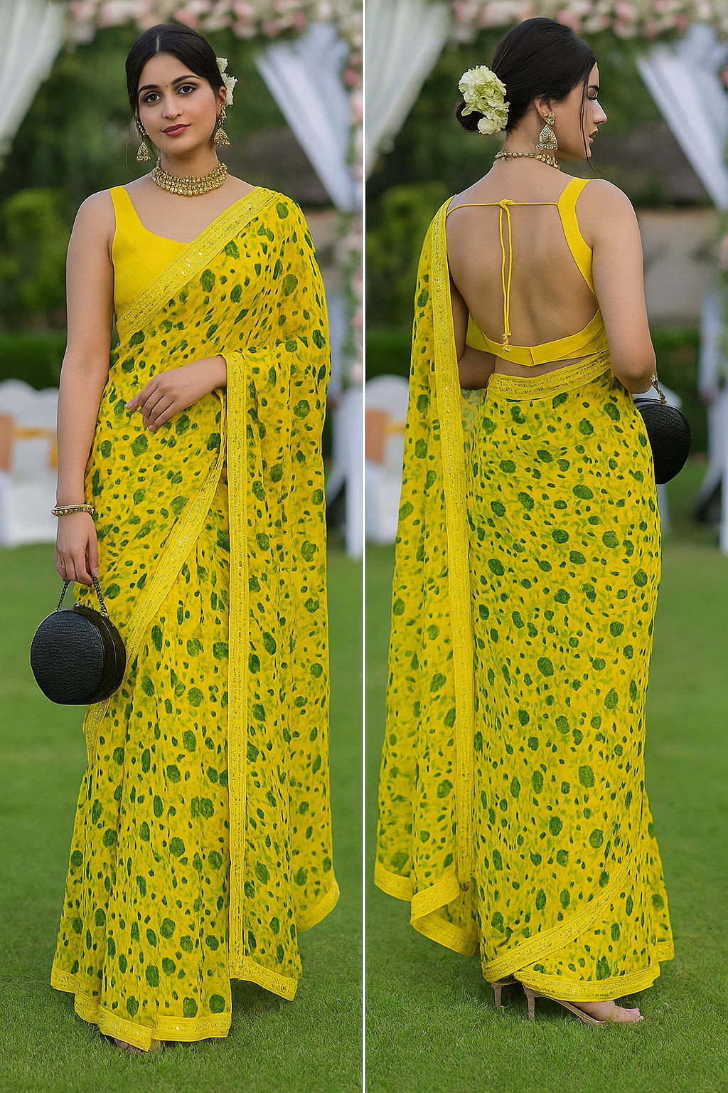 Vibrant Sunny Yellow Floral Saree with Mirror Work Border and Sleeveless Blouse - View 4