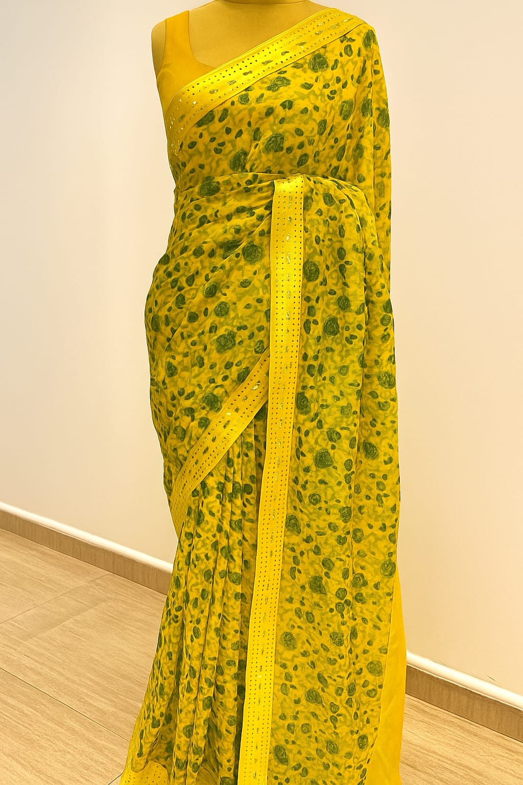 Vibrant Sunny Yellow Floral Saree with Mirror Work Border and Sleeveless Blouse - View 5