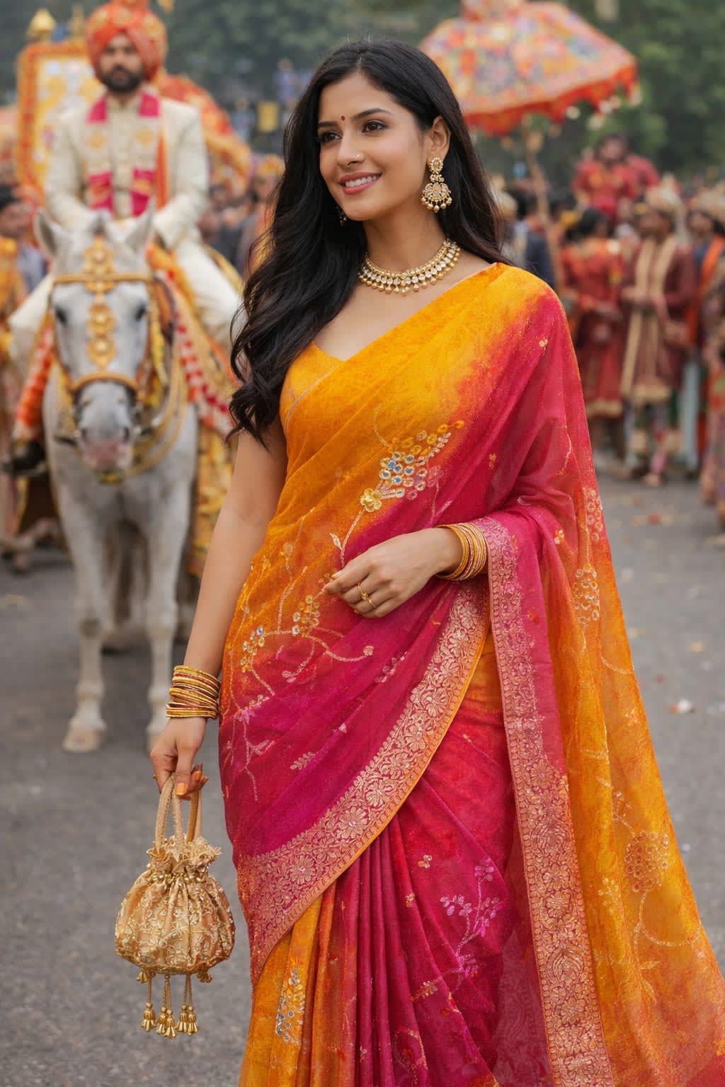 Elegant Ombre Embroidered Organza Silk Saree