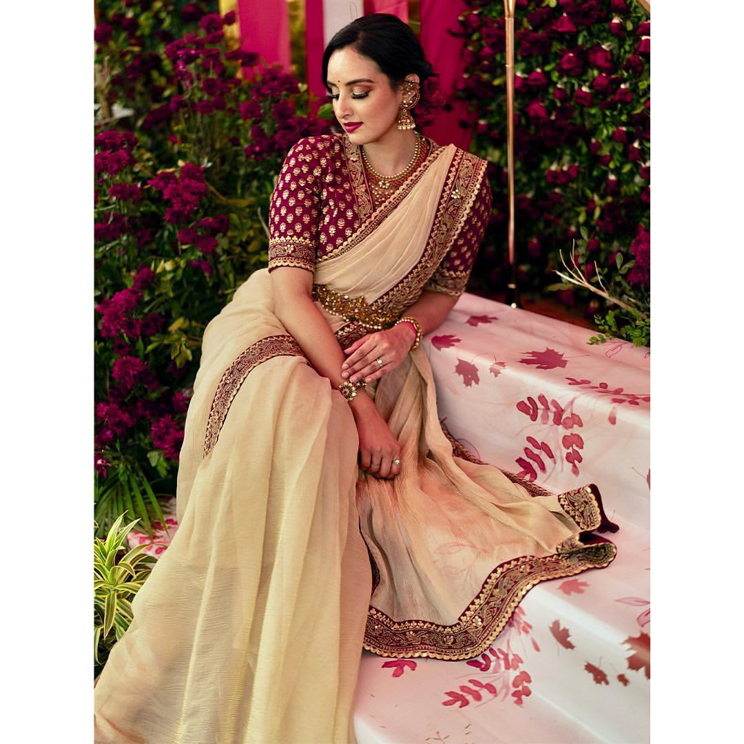 Muted Champagne Gold Designer Embroidered Saree - Silk Saree Online India - Buy at ₹2764 - Image 1