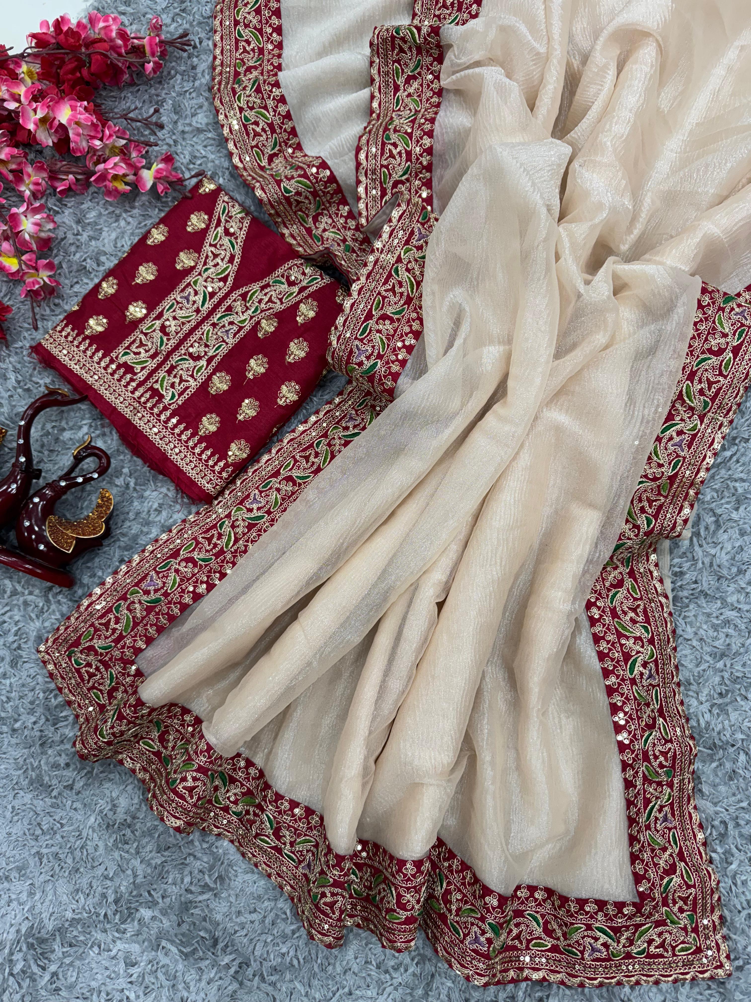 Muted Champagne Gold Designer Embroidered Saree - View 3