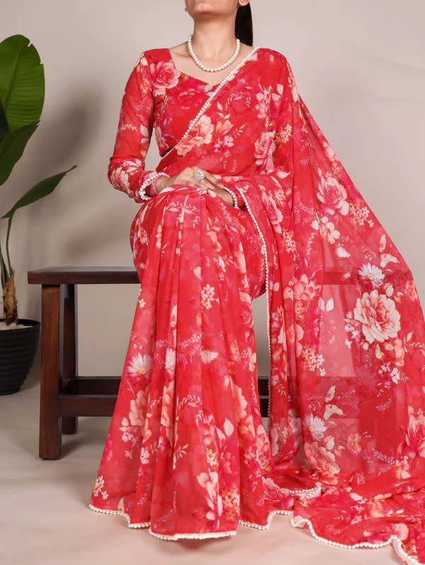Weightless Floral Printed Georgette Saree with Pearl Lace Border - View 2
