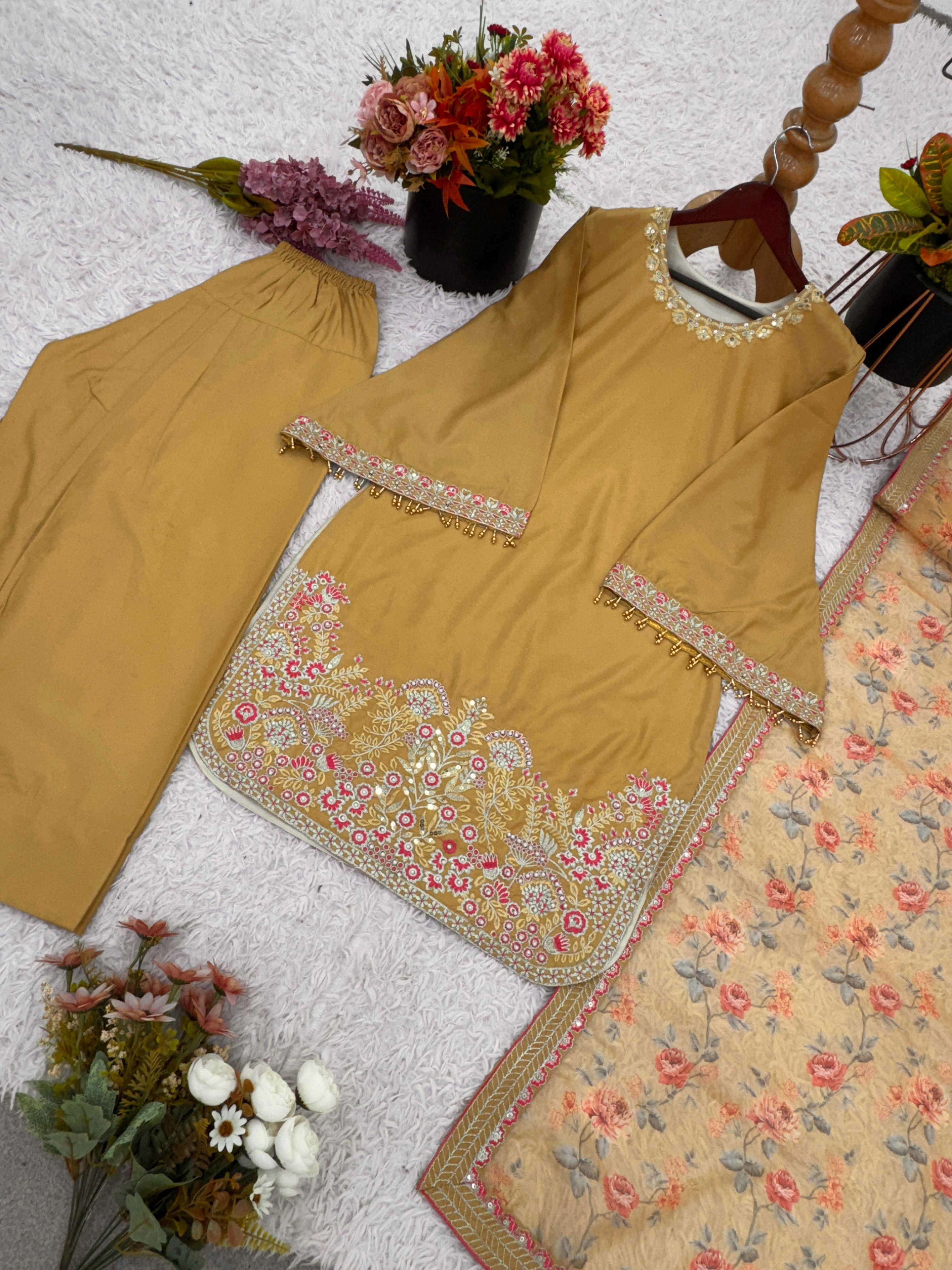 New Designer Collection – French Crepe Silk Top, Farshi Pant & Dupatta Set - View 5