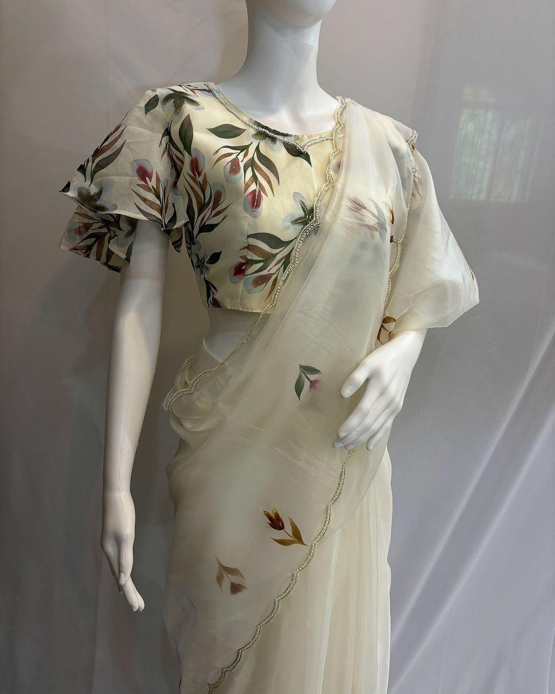 Kesri – Designer Floral Organza Saree - Soft Tabby Organza Saree Online India - Buy at ₹1699 - Image 1