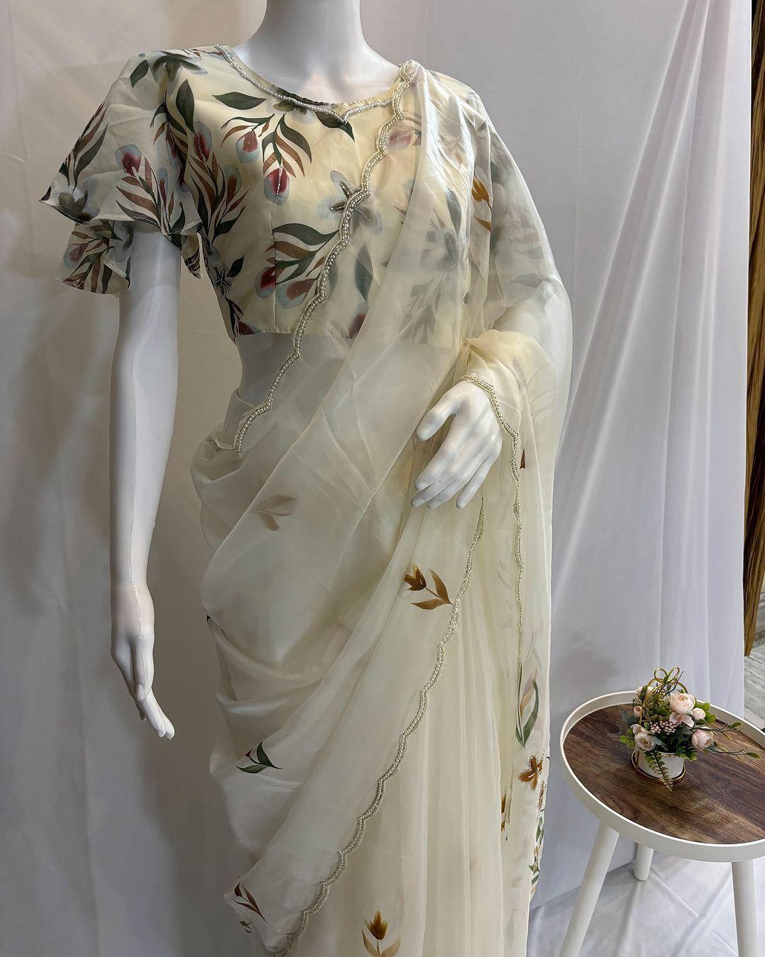 Kesri – Designer Floral Organza Saree - View 2