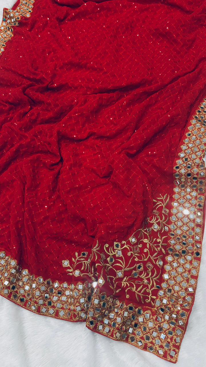 New Launch – Bollywood Blockbuster Red Mirror Work Saree - View 6