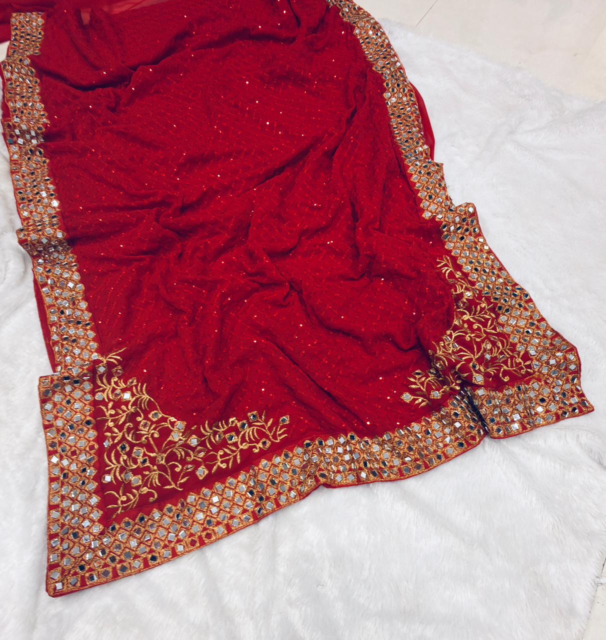 New Launch – Bollywood Blockbuster Red Mirror Work Saree - View 5