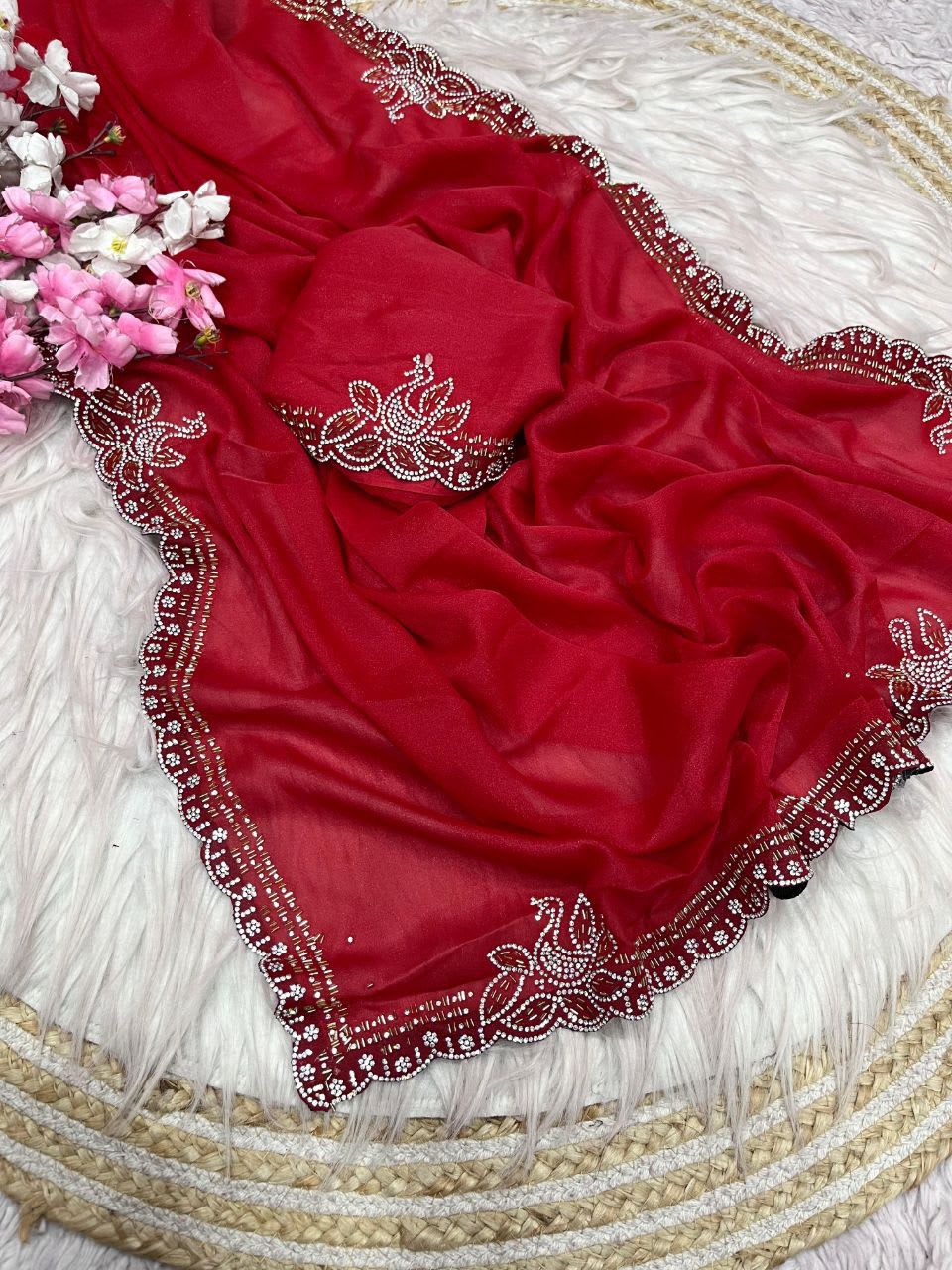 Star Georgette Blooming Saree with Jarkan Work - View 3