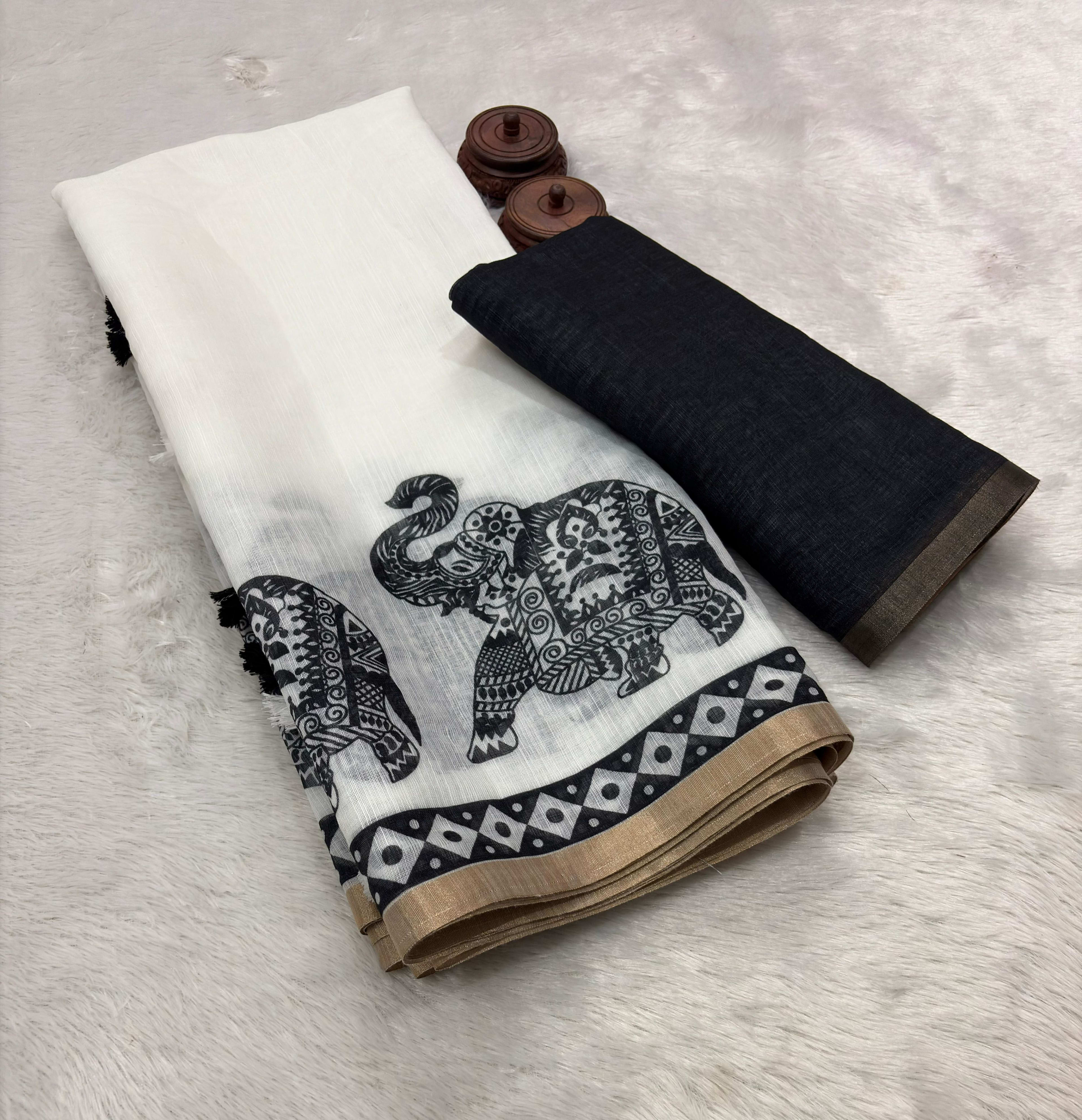 Pure Linen Cotton Saree with Digital Print & Zari Border - View 2