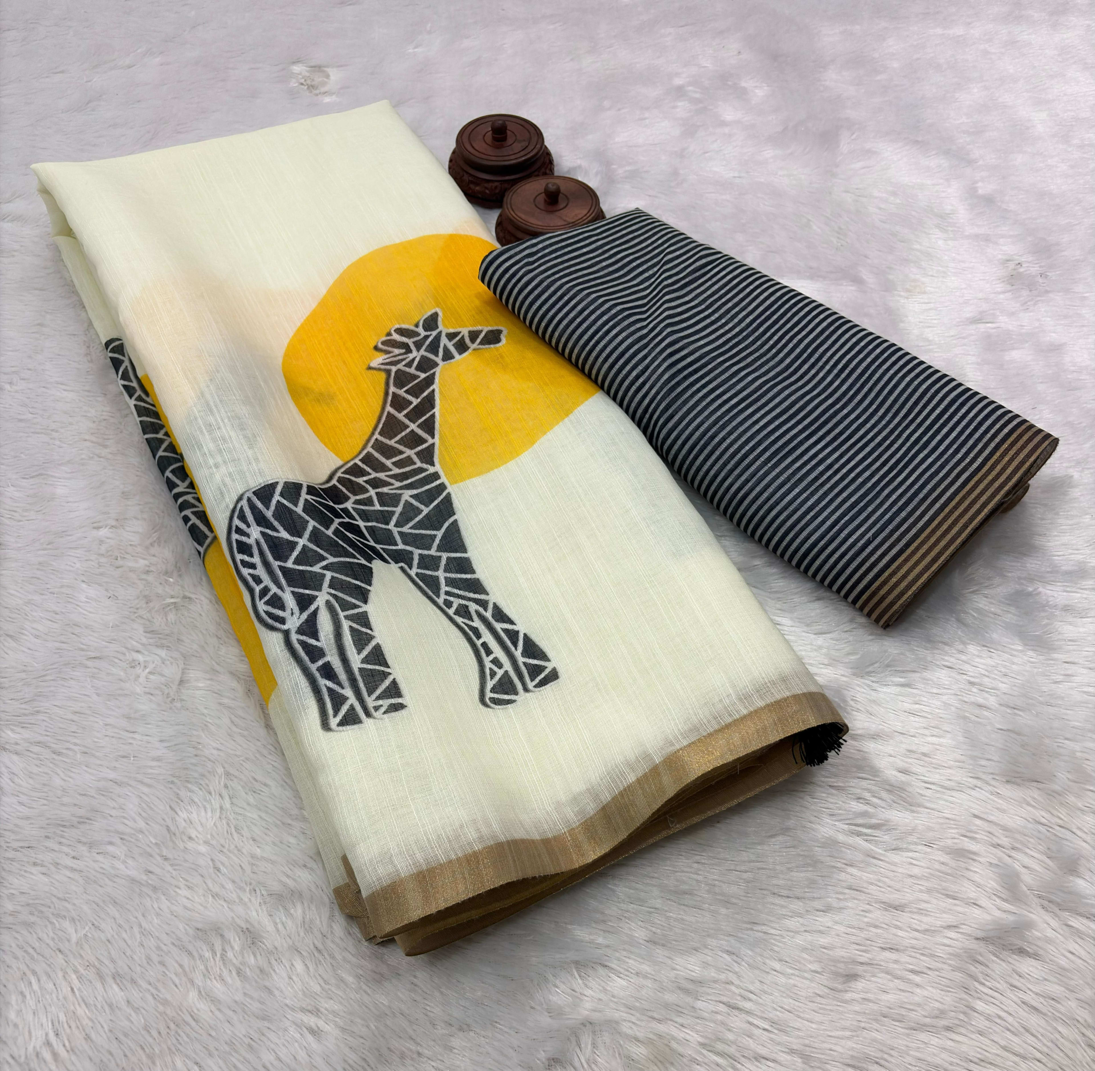 Pure Linen Cotton Saree with Digital Print & Zari Border - View 2