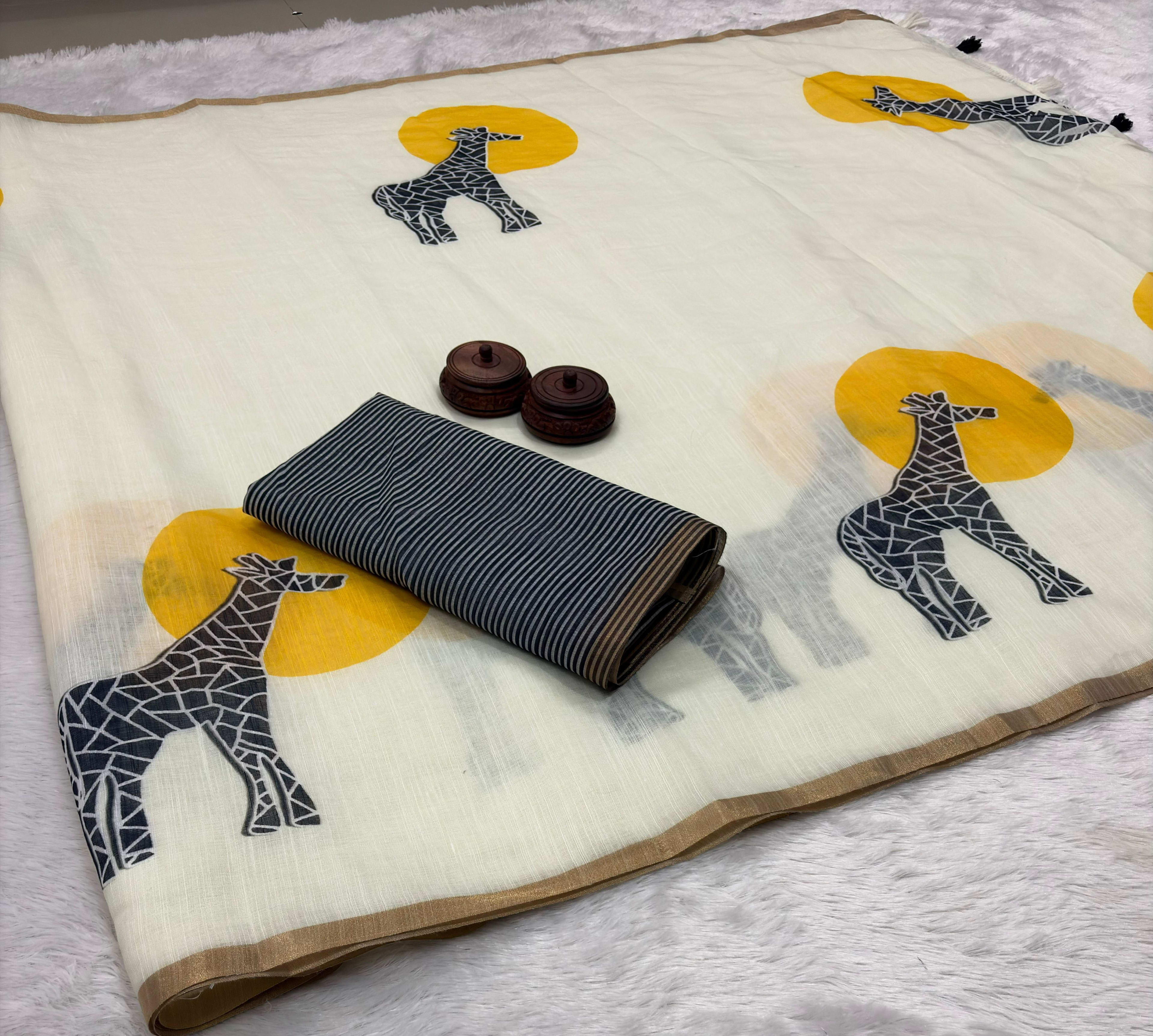 Pure Linen Cotton Saree with Digital Print & Zari Border