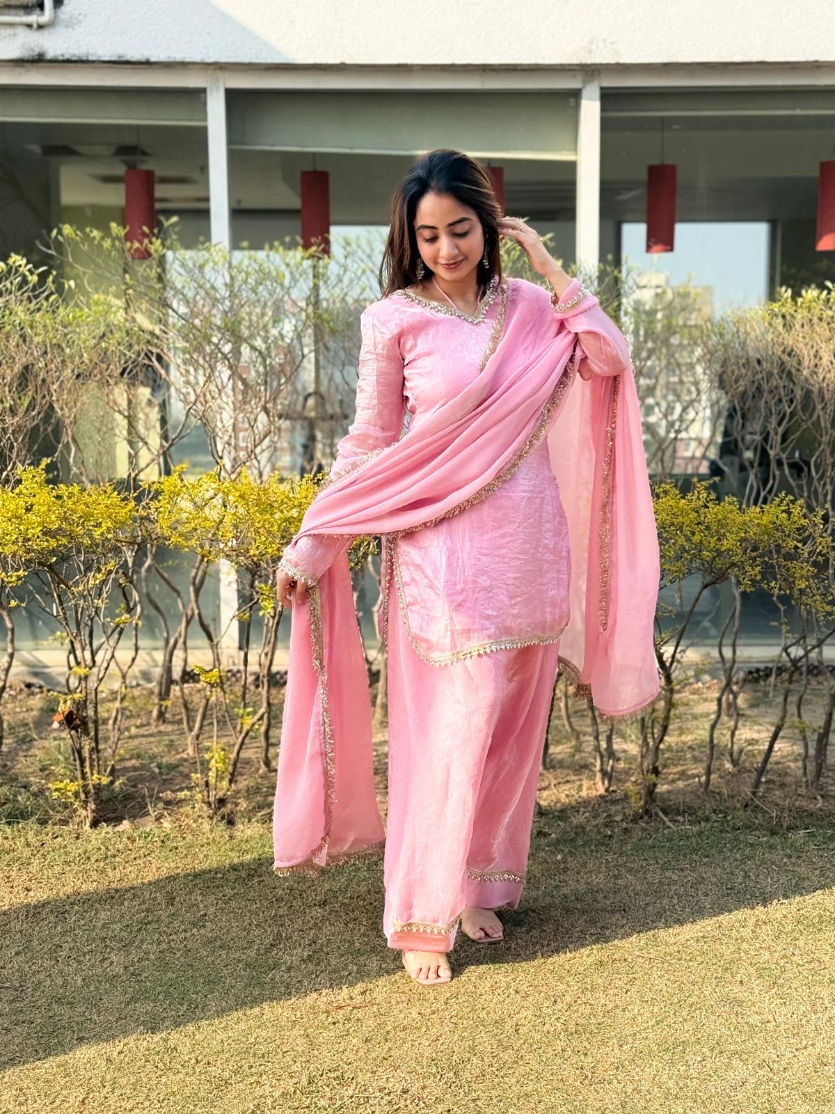 Designer Farsi Salwar Set – Elegant Ethnic Wear - Fendi Satin Silk Saree Online India - Buy at ₹1999 - Image 1