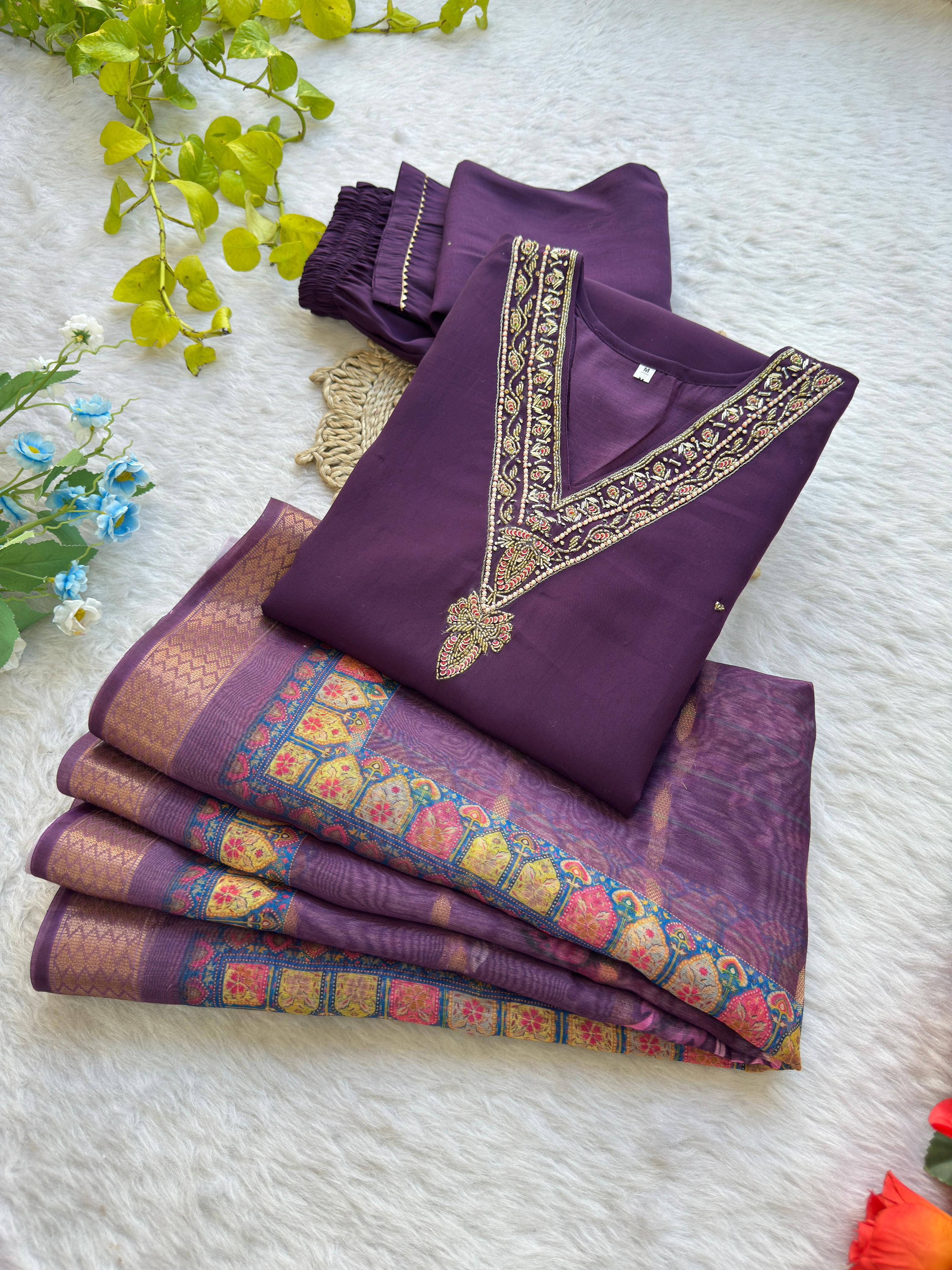 Designer Kurti Pant Dupatta 3-Piece Set - Premium Roman Silk Saree Online India - Buy at ₹1299 - Image 1