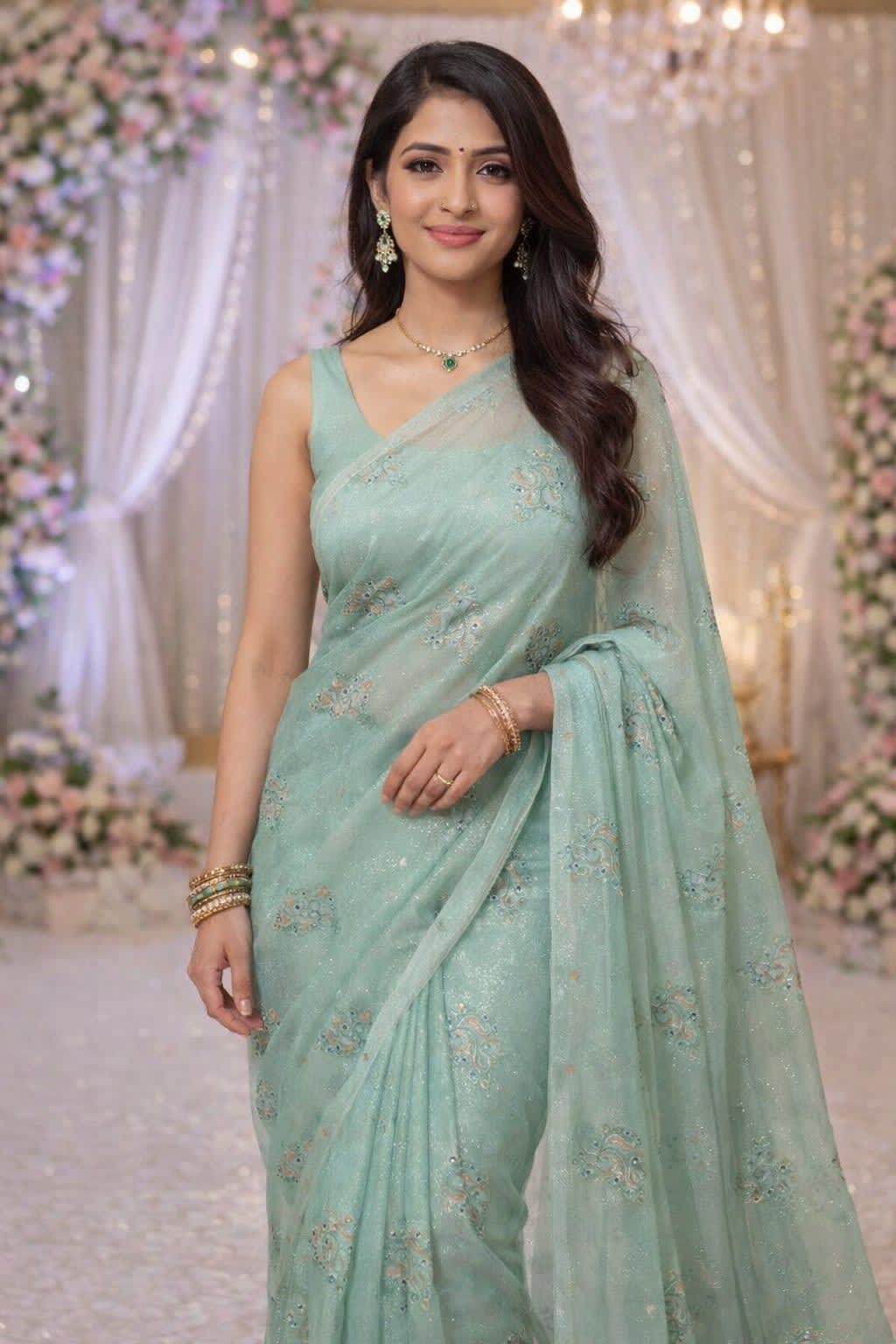 Shimmer Chiffon Saree – Mint Green Elegance - View 3