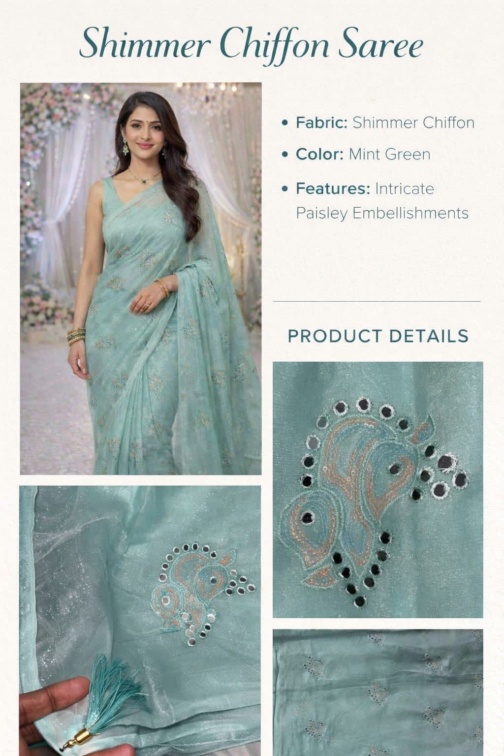 Shimmer Chiffon Saree – Mint Green Elegance - View 2