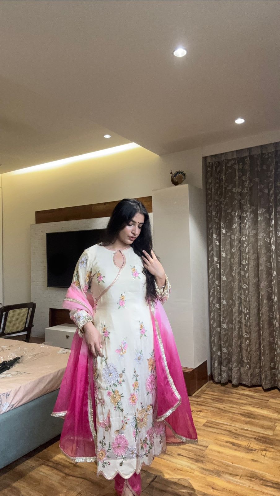 Designer Embroidered Boat Neck Top with Tulip Salwar Set - View 5