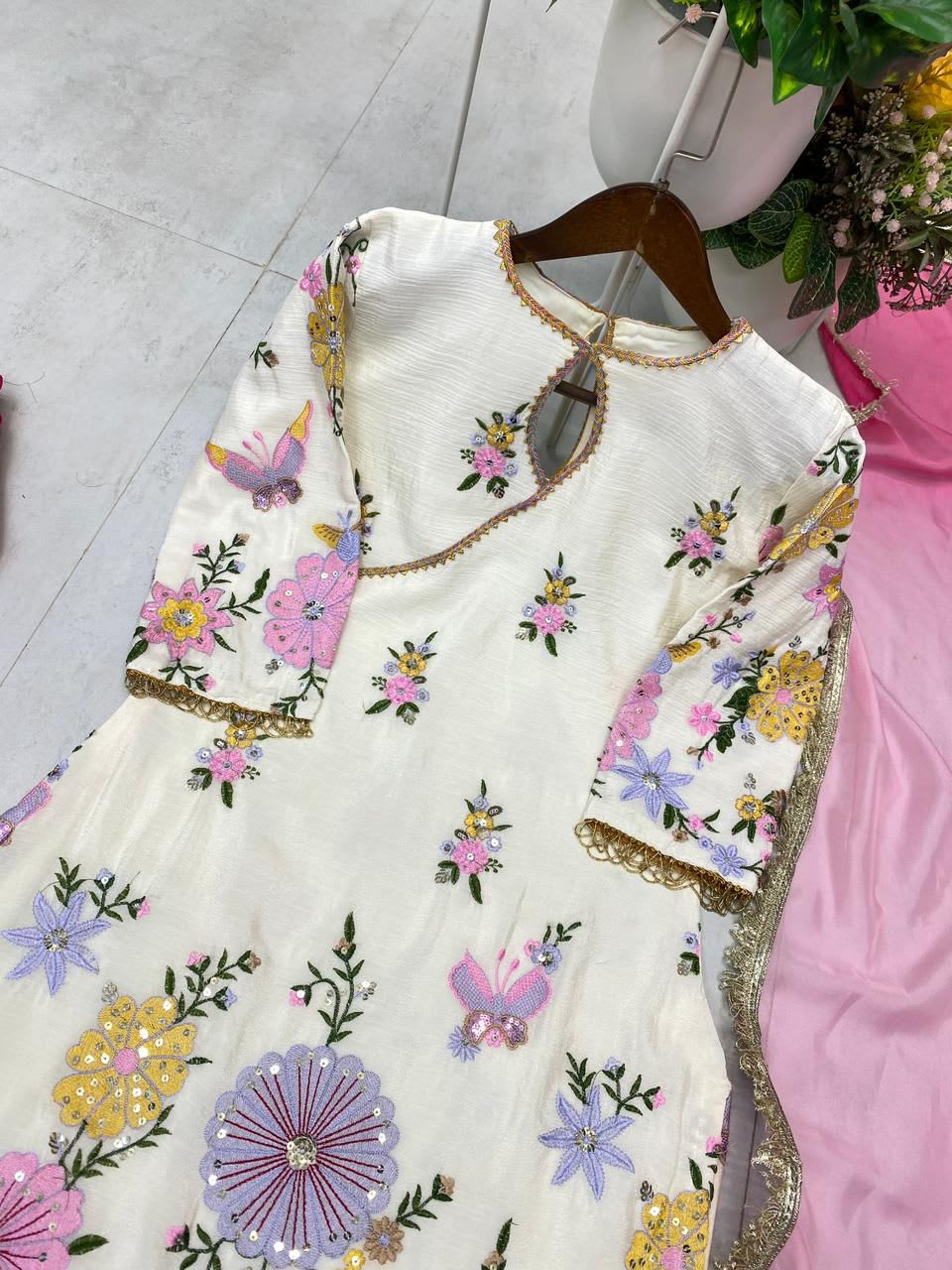 Designer Embroidered Boat Neck Top with Tulip Salwar Set - View 3