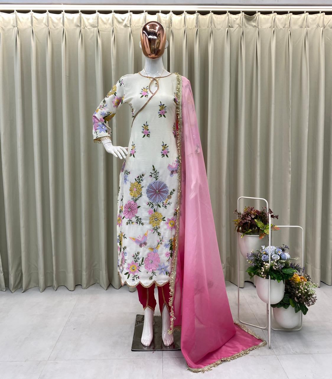 Designer Embroidered Boat Neck Top with Tulip Salwar Set - View 2