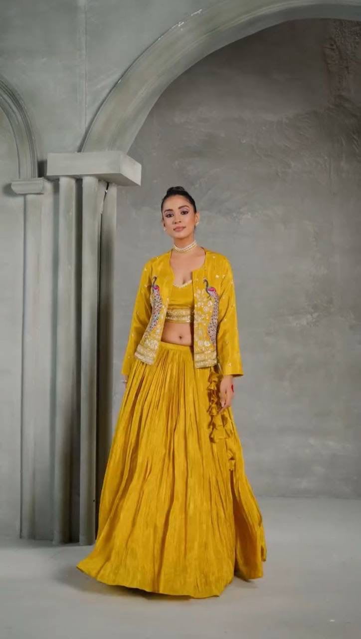 Haldi and Festival Special Crop Top with Jacket Set - View 2
