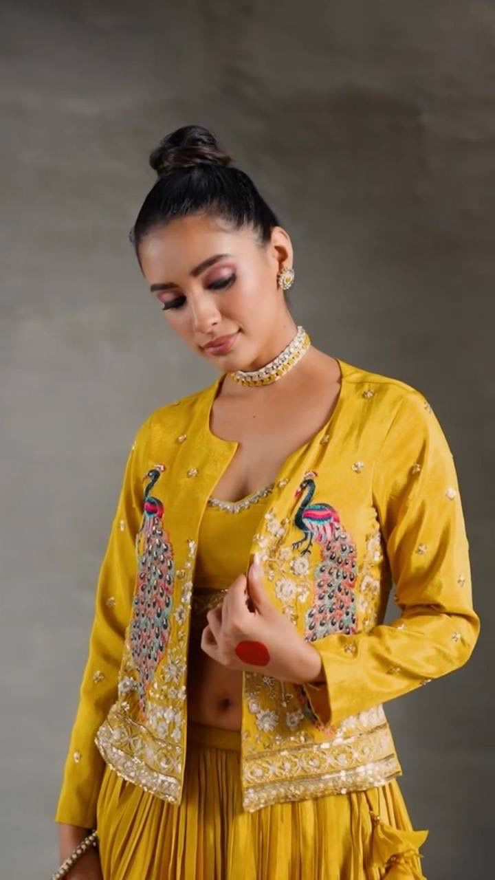 Haldi and Festival Special Crop Top with Jacket Set - View 6