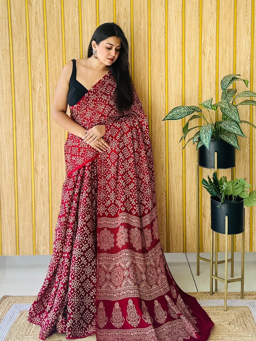 New Ajrakh Gajji Crepe Silk Saree - Gajji Crepe Silk Saree Online India - Buy at ₹899 - Image 1