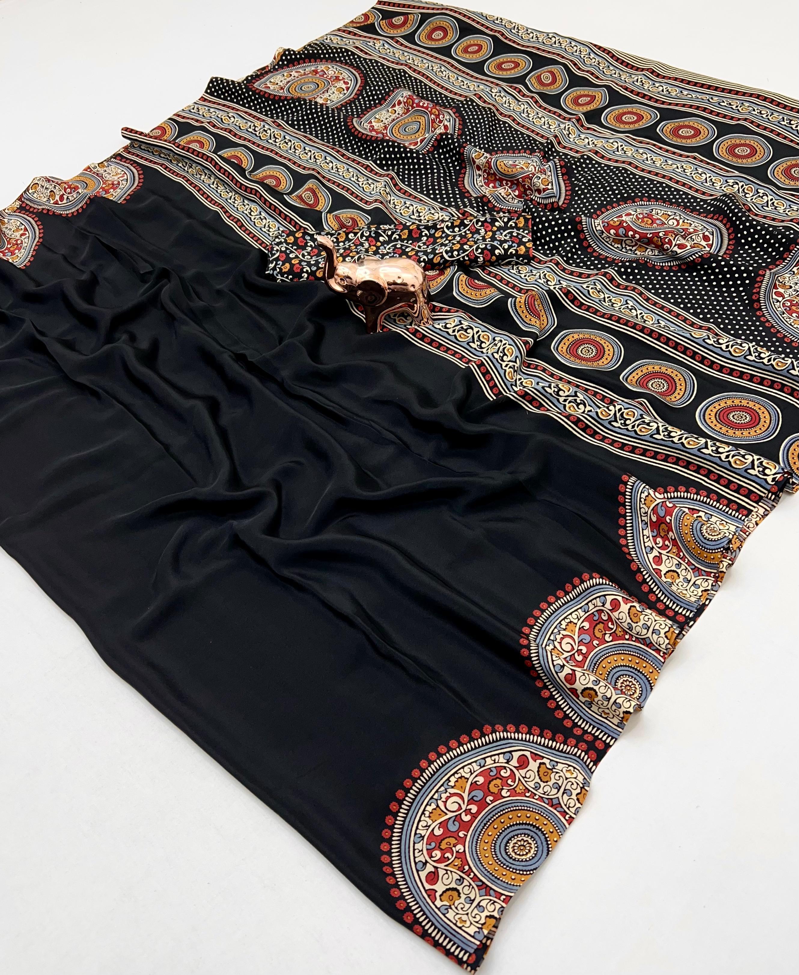 New Arrival – Kriyu Ajrakh Gajji Modal Silk Saree - Lagdi Gajji Crepe Soft Modal Silk Saree Online India - Buy at ₹1099 - Image 1