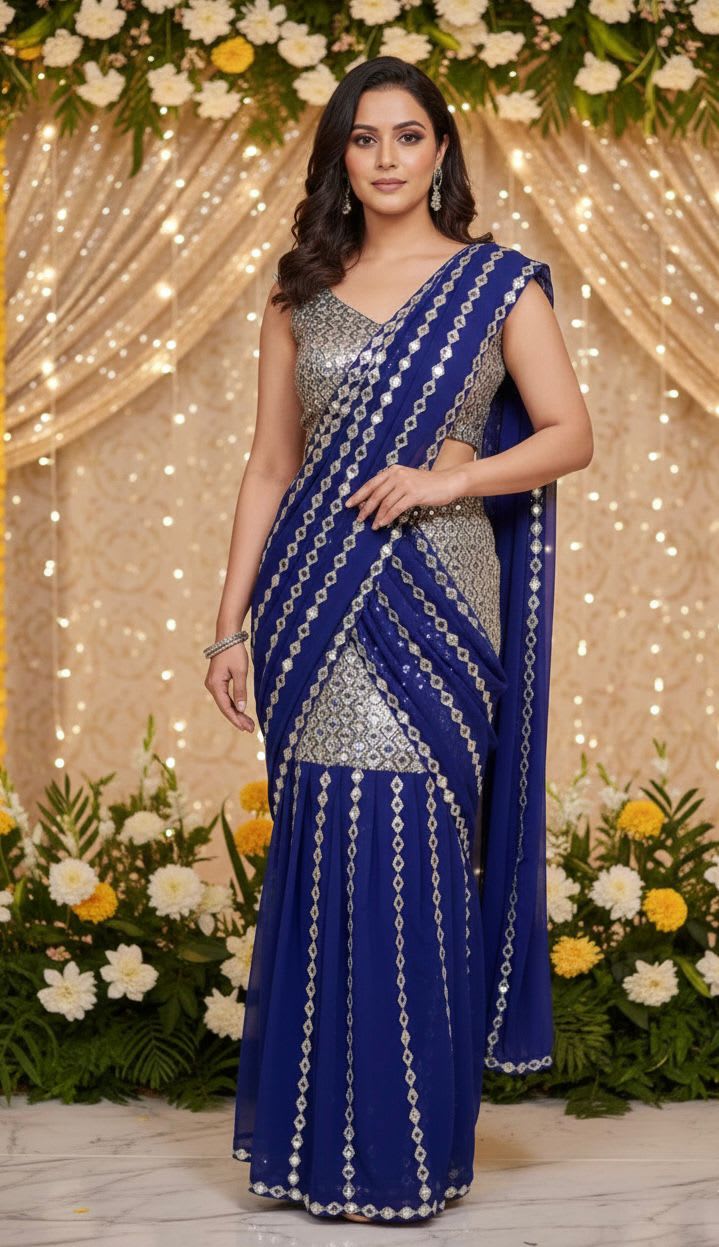 Ready-to-Wear Mirror Work Saree - Blue - View 6