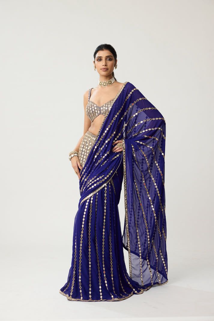 Ready-to-Wear Mirror Work Saree - Blue - Ge Saree Online India - Buy at ₹2299 - Image 1