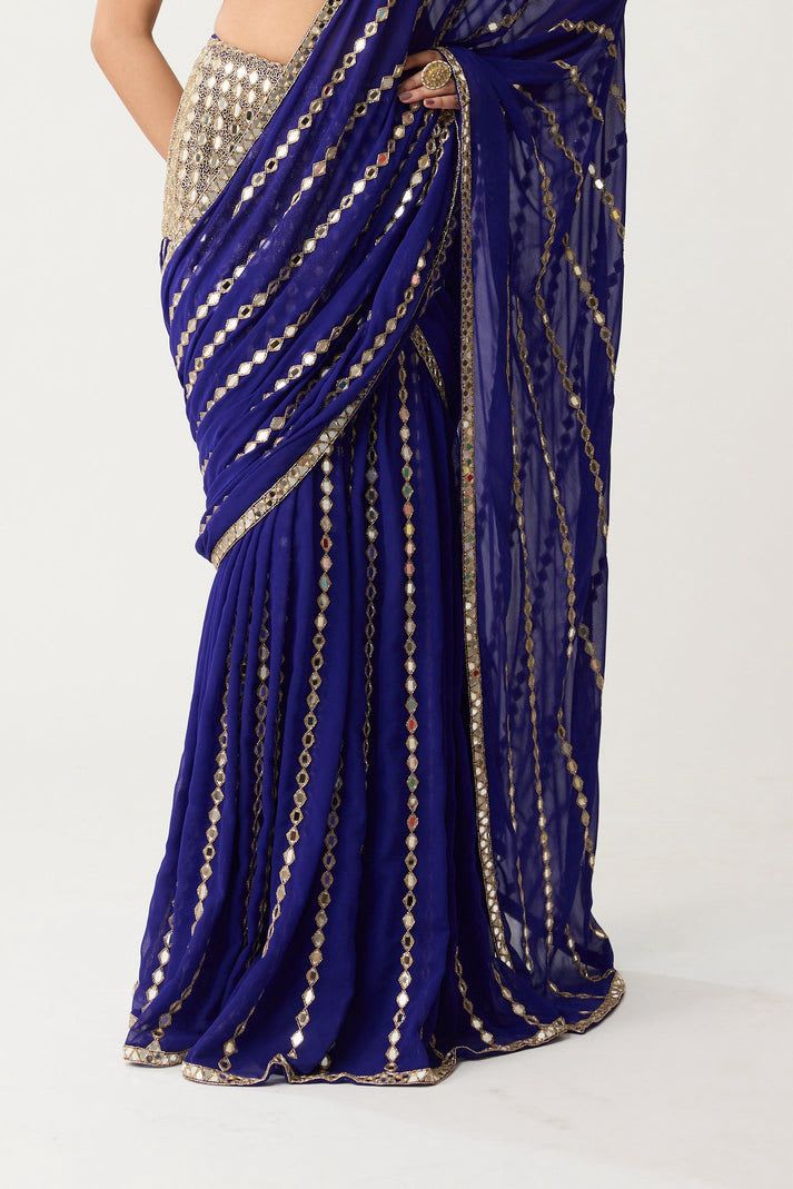 Ready-to-Wear Mirror Work Saree - Blue - View 5