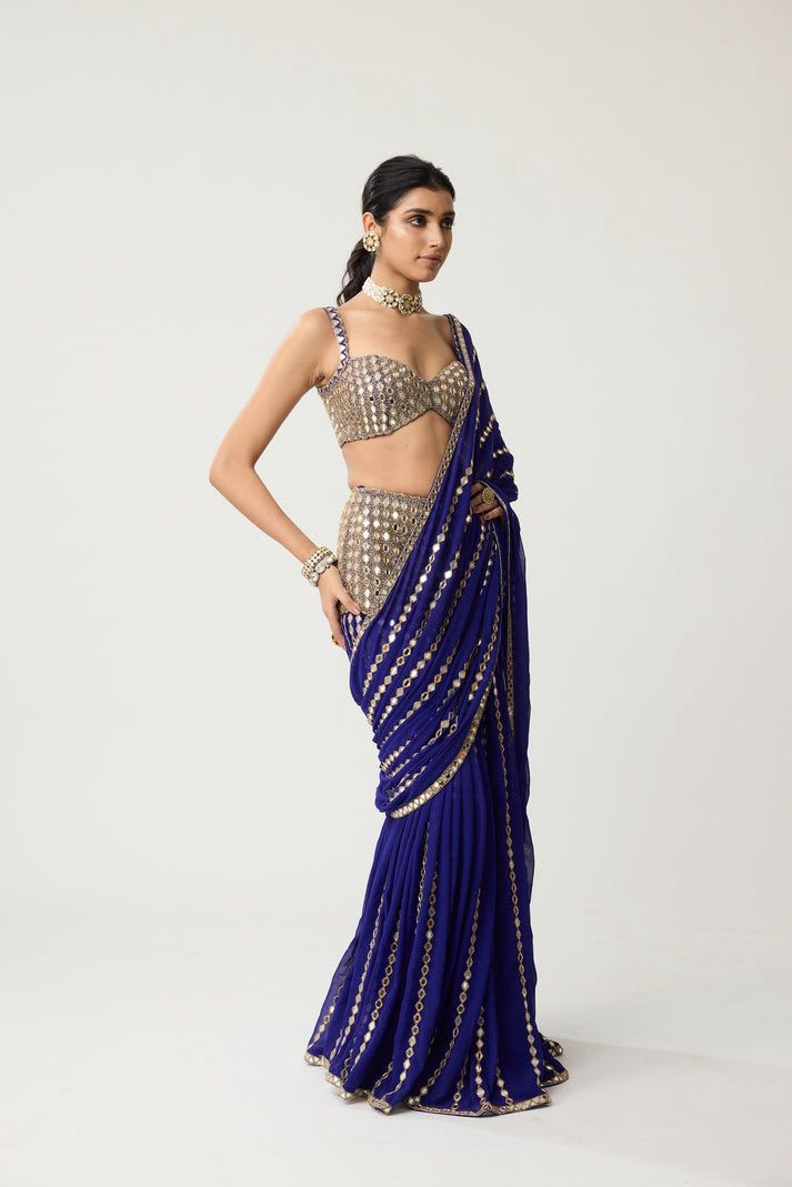 Ready-to-Wear Mirror Work Saree - Blue - View 2