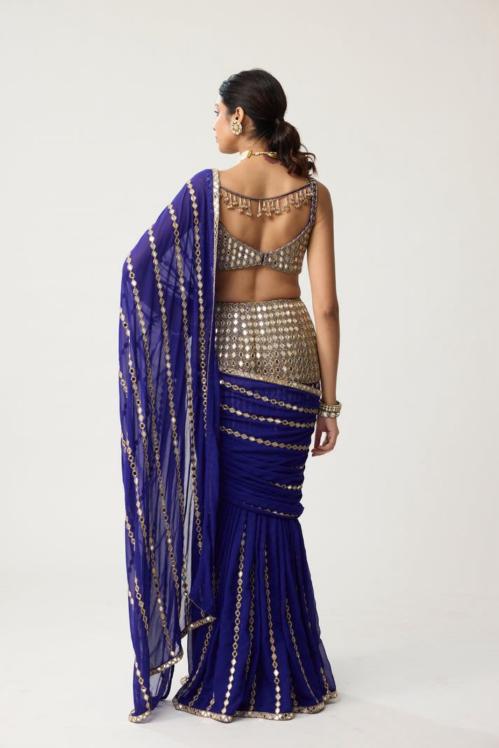 Ready-to-Wear Mirror Work Saree - Blue - View 3
