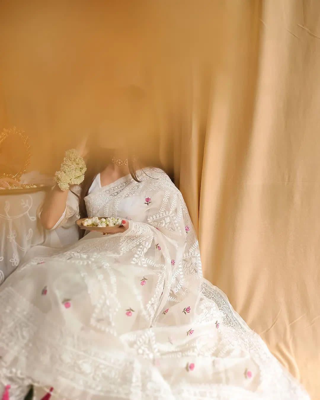 Pure Organza Silk Lucknowi Embroidered Saree - View 6