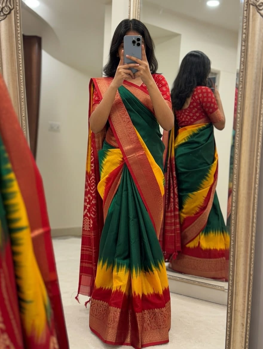 Traditional Weaving Print Pure Moss Saree - View 3