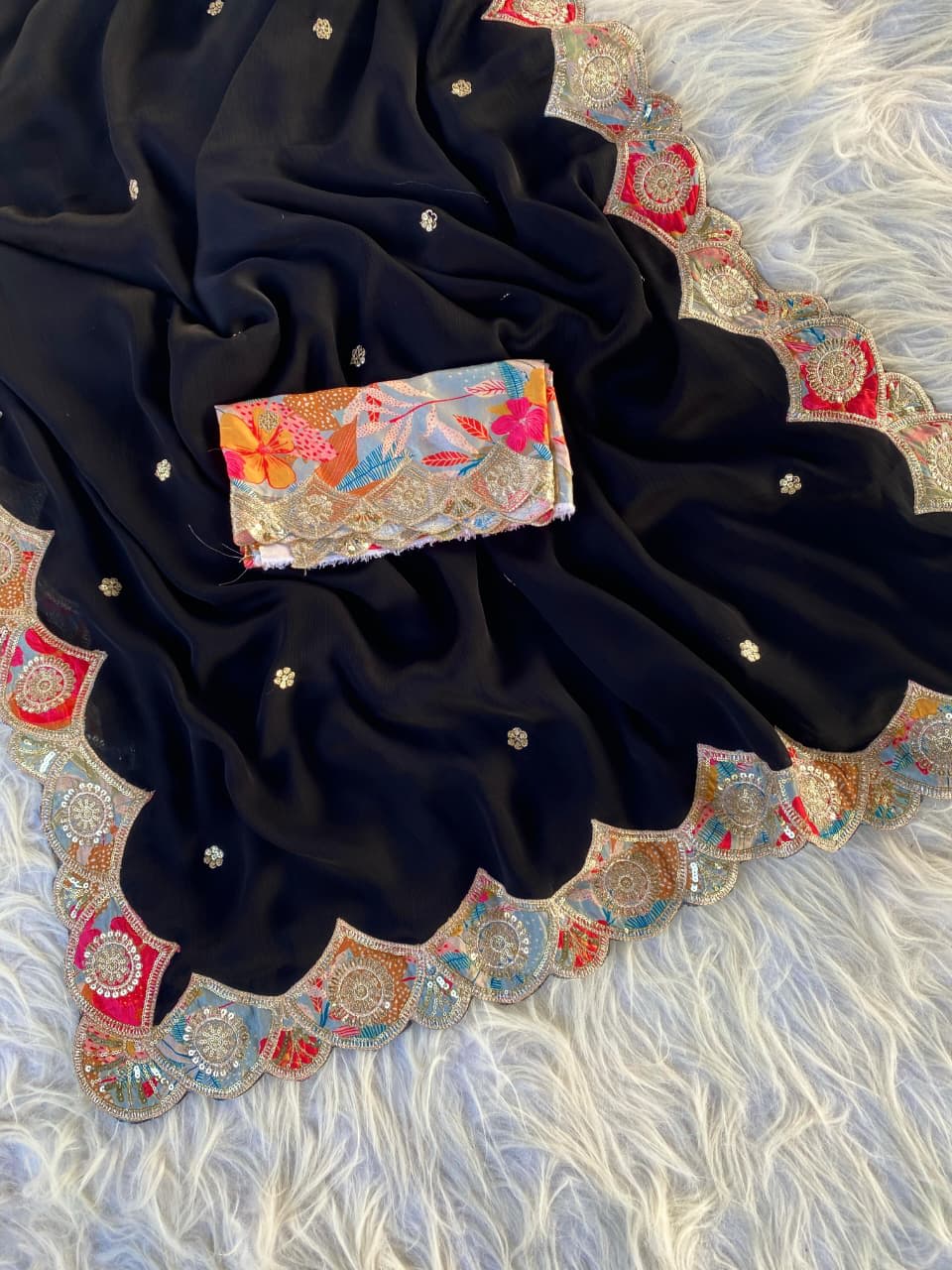 Fresh Arrival – Black Satin Georgette Saree - Satin Georgette Saree Online India - Buy at ₹2050 - Image 1