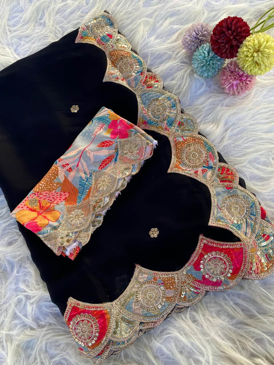 Fresh Arrival – Black Satin Georgette Saree - View 2