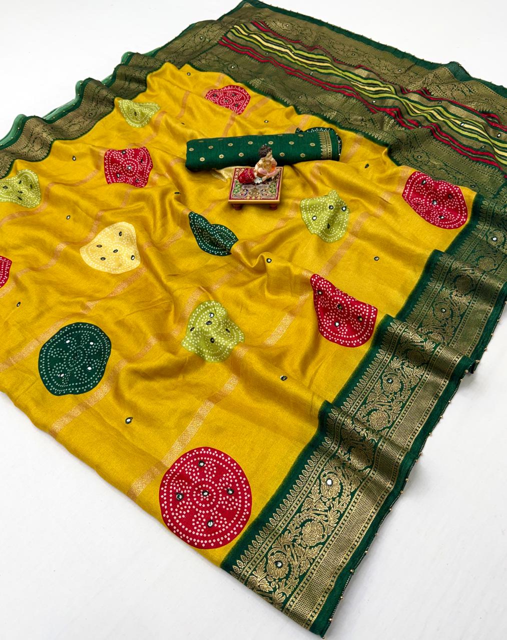 Soft Pashmina Silk Bandhani Mirror Work Saree – New Launch - Soft Pashmina Silk Saree Online India - Buy at ₹1400 - Image 1