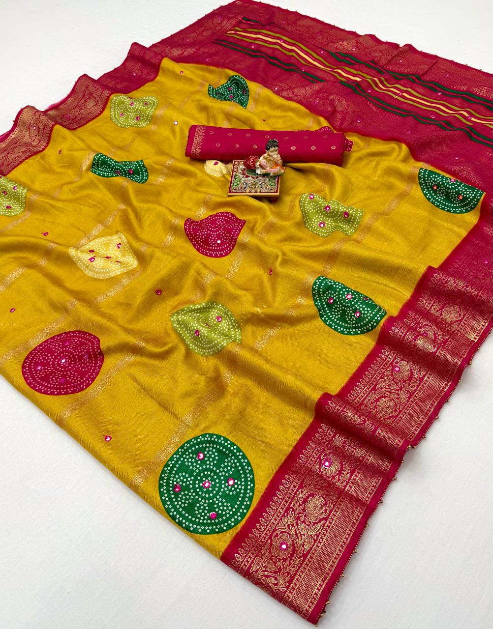 Soft Pashmina Silk Bandhani Mirror Work Saree – New Launch - Soft Pashmina Silk Saree Online India - Buy at ₹1400 - Image 1