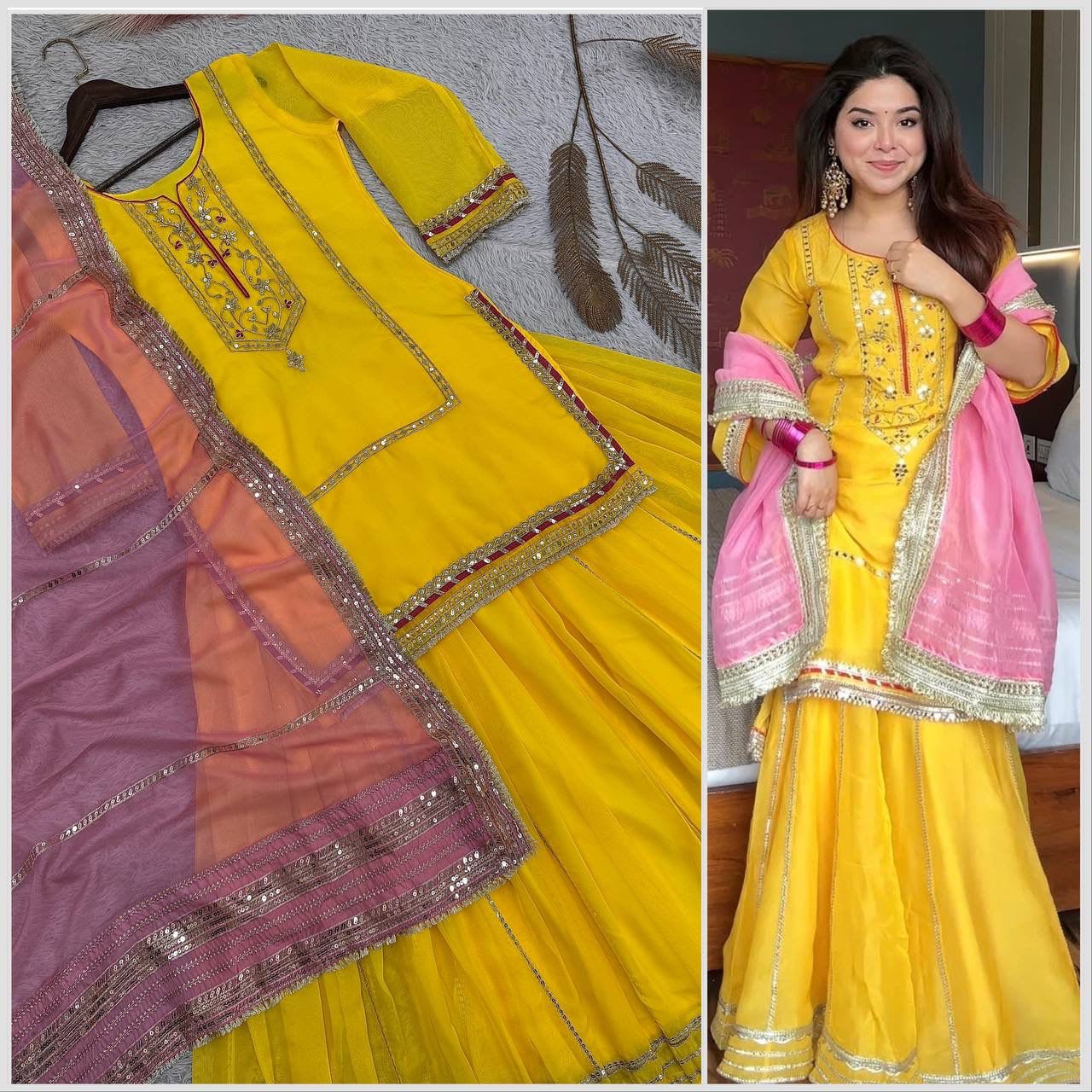 Designer Kundan Organza Silk Top Plazzo Set with Dupatta