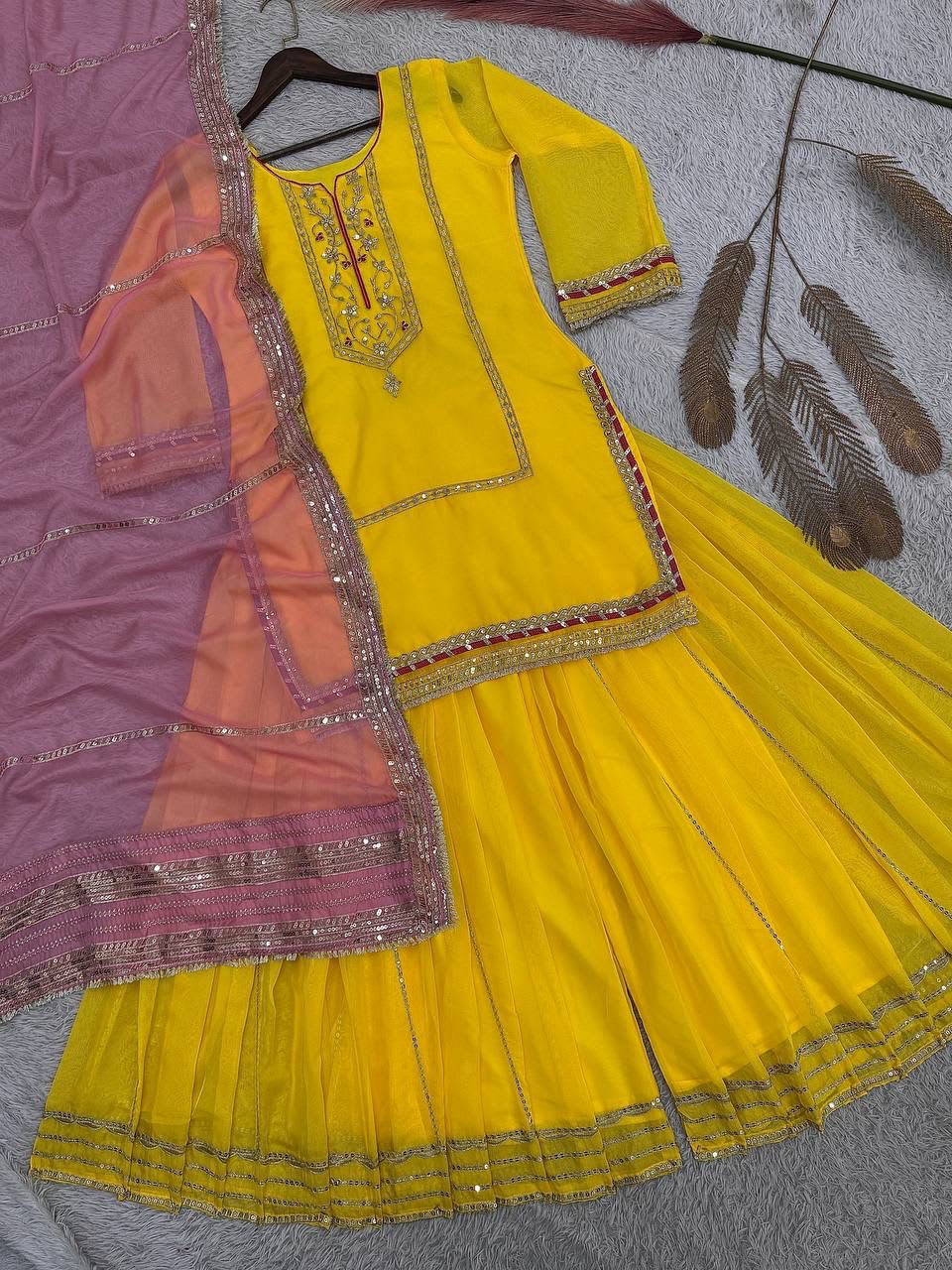 Designer Kundan Organza Silk Top Plazzo Set with Dupatta - View 6