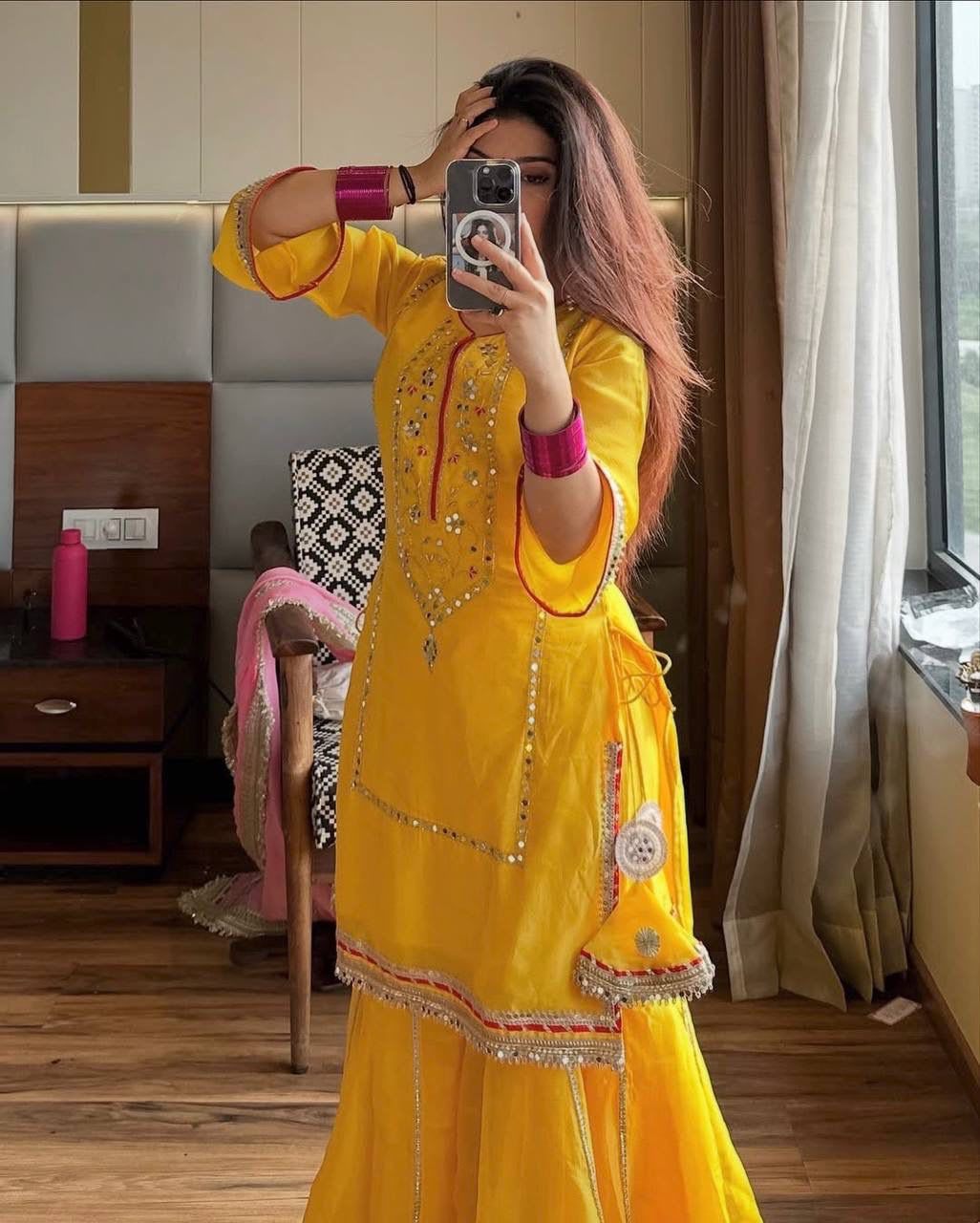 Designer Kundan Organza Silk Top Plazzo Set with Dupatta - View 5