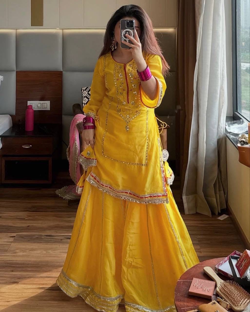 Designer Kundan Organza Silk Top Plazzo Set with Dupatta - View 3